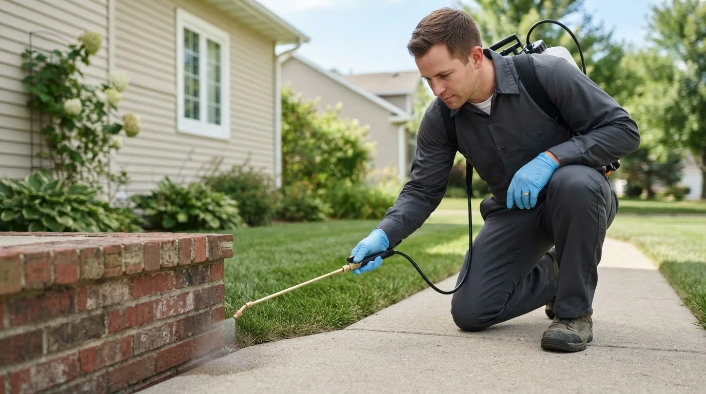 Pest control technician treating a home near Marcella, AR